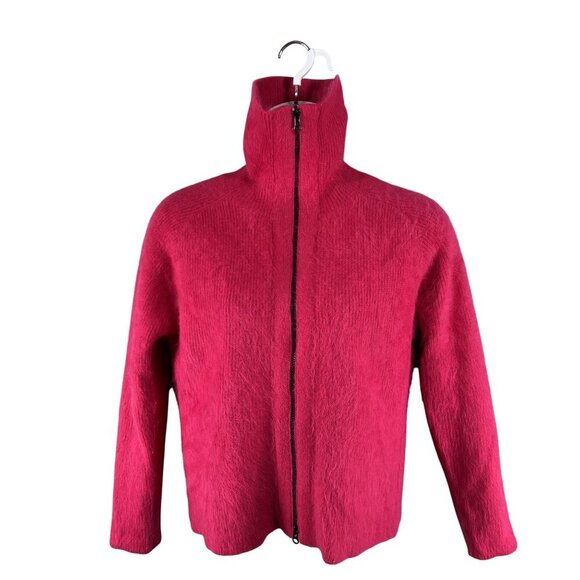 Vintage VENESHA Womens L 80% Angora Fuzzy Fuchsia Zip Sweater Jacket Old Money - Picture 1 of 16